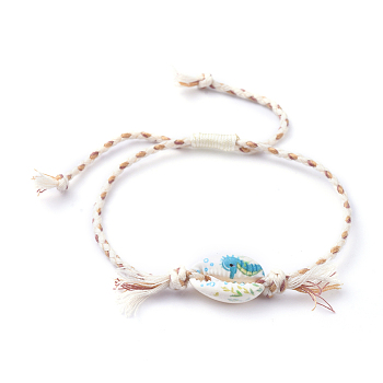 Adjustable Braided Bead Bracelets, with Printed Cowrie Shell Beads and Cotton Cord, Sea Horse Pattern, Inner Diameter: 3/4 inch~3 inch(2.1~7.8cm)