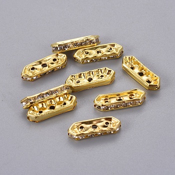 Middle East Rhinestone, 6 pcs Clear Rhinestone Beads, Brass, Golden Color, Nickel Free, Size: about 5mm wide, 16mm long, 3mm thick, hole: 1mm, 3 holes