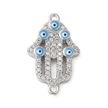 Brass Micro Pave Cleear Cubic Zirconia Evil Eye Hamsa Hand Connector Charms, with Enamel, Religion Links, Cadmium Free & Lead Free, Long-Lasting Plated, Rack Plating, Platinum, 24x14.5x4mm, Hole: 1.2mm