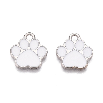 Alloy Enamel Pendants, Platinum, Lead Free & Cadmium Free, Paw Print Charm, White, 15.5x14x1mm, Hole: 2mm