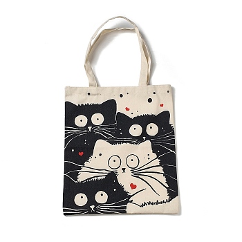 Printed Canvas Women's Tote Bags, with Handle, Shoulder Bags for Shopping, Rectangle with Cat Pattern, Black, 61cm