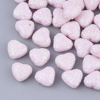 Opaque Acrylic Beads, with Glitter Powder, Heart, Pink, 8x9.5x5.5mm, Hole: 1.4mm