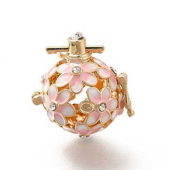 Alloy Crystal Rhinestone Bead Cage Pendants, Hollow Flower Charm, with Enamel, for Chime Ball Pendant Necklaces Making, Golden, Lavender Blush, 34mm, Hole: 6x3mm, Bead Cage: 26x25x21mm, 18mm Inner Size