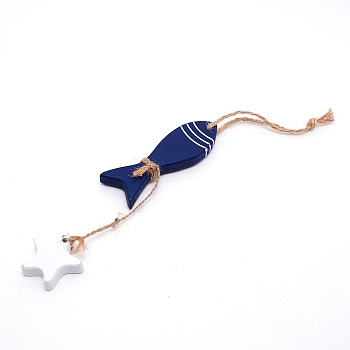 MDF Board Pendant Ornaments, Wall Decor Door Hanging Decoration, with Hemp Rope, Fish with Star, Midnight Blue, 36cm