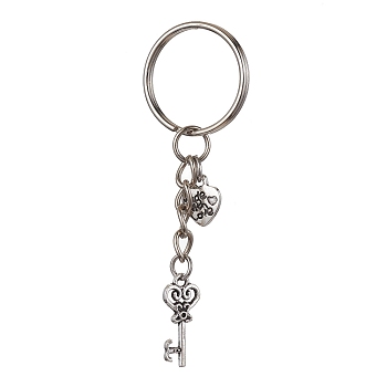 Iron Split Keychains, with Alloy Pendants, Key & Heart, Antique Silver, 7.5cm