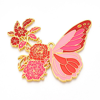 Rack Plating Alloy Enamel Big Pendants, Cadmium Free & Nickel Free & Lead Free, Butterfly with Flower Charms, Golden, Crimson, 56x69.5x2mm, Hole: 2.5mm