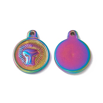Ion Plating(IP)  304 Stainless Steel Pendants, Flat Round with Lion, Rainbow Color, 19x15x3mm, Hole: 1.6mm