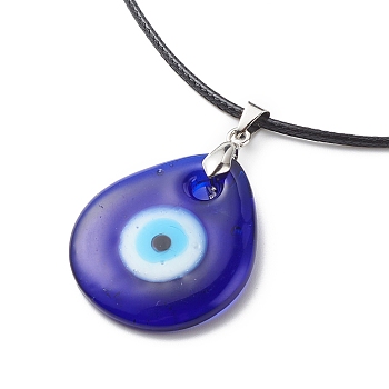 Blue Lampwork Evil Eye Pendant Necklace with Waxed Cord for Women, Teardrop Pattern, Pendant: 41x30x5mm, 17.64~17.72 inch(44.8~45cm)