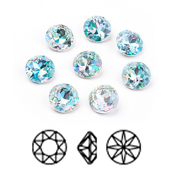 Pointed Back & Back Plated K9 Glass Rhinestone Cabochons, Grade A, Two Tone, Shiny Laser Style, Faceted, Flat Round, Aquamarine, 10x5mm
