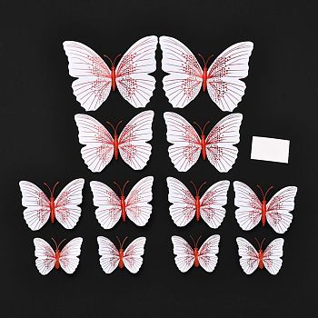 PVC Plastic Artificial 3D Butterfly Decorations, with Adhesive Sticker and Magnet, for Fridge Magnets or Wall Decorations, Red, 45~95x57~118x5mm, 12pcs/bag