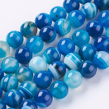 Natural Striped Agate/Banded Agate Beads Strands, Dyed, Round, Royal Blue, 10mm, Hole: 1.2mm, about 38pcs/strand, 15.75 inch