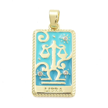 Rack Plating Brass Micro Pave Clear Cubic Zirconia Pendants, with Enamel, Cadmium Free & Lead Free, Real 18K Gold Plated, Rectangle with Constellations Charm, Libra, 27x15x2mm, Hole: 3.5x6mm