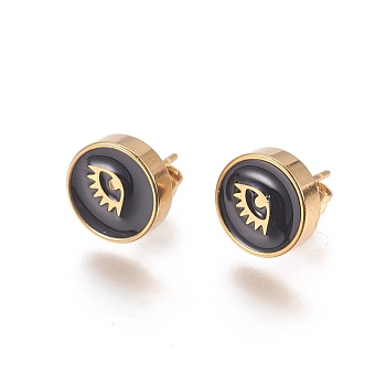 Golden Tone 304 Stainless Steel Stud Earrings, with Enamel, Flat Round with Eye, Black, 13.5x10x3.5mm, Pin: 0.7mm