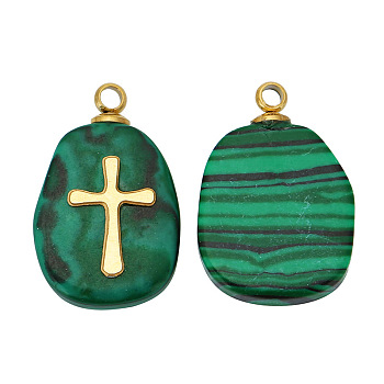Natural Malachite Pendants, Oval Charms with Golden Tone Stainless Steel Cross Slice, 17x11mm, Hole: 1.5mm