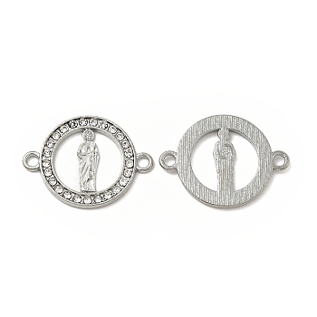 Alloy Connector Charms with Crystal Rhinestone, Flat Round Links with Saint, Religion, Nickel, Platinum, 18x24x1.5mm, Hole: 2mm