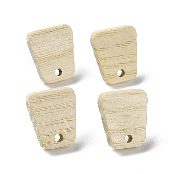 Ash Wood Stud Earring Findings, with 304 Stainless Steel Pin, Trapezoid Pattern, 14x12mm, Hole: 1.8mm, Pin: 0.7mm