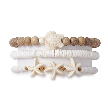 3Pcs 3 Styles Tortoise Round Wood & Disc Sea Shell Beaded Stretch Bracelet Sets, Summer Beach Starfish Synthetic Turquoise Braided Bead Adjustable Stackable Bracelets for Women Men, Inner Diameter: 2-1/8~3-3/8 inch(5.28~8.45cm), 1pc/style