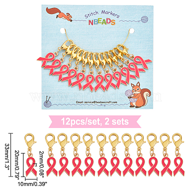 12Pcs Alloy Enamel Breast Cancer Awareness Ribbon Charm Locking Stitch Markers(HJEW-PH01685)-2