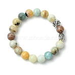 Natural Flower Amazonite Beads Stretch Bracelets, with Alloy Findings, Round and Buddha Head, Burlap Packing, Antique Silver, 2-1/4 inch(5.6cm), Bag: 12x8.5x3cm(BJEW-JB03849-02)