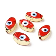 Handmade Lampwork Beads, with Golden Tone Brass Finding, Cadmium Free & Lead Free, Horse Eye with Evil Eye, Red, 17.5~19x10~10.5x5.5~6.5mm, Hole: 2mm(LAMP-E030-04B)
