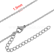 304 Stainless Steel Cable Chain Necklaces, with Lobster Claw Clasp and Extend Chains, Stainless Steel Color, 15.7 ~16.5 inch(40~42cm), 1.5mm(NJEW-M176-14-A)