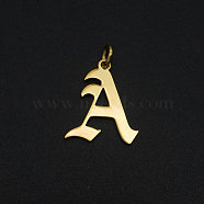 201 Stainless Steel Pendants, with Jump Ring, Old English, Letter, Laser Cut, Golden, Letter.A, 16.5x14.5x1mm, Hole: 3mm(STAS-R111-JA566-A)