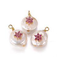 Natural Cultured Freshwater Pearl Pendants, with Cubic Zirconia and Brass Findings, Flat Round with Flower, Golden, Fuchsia, 17~18x12~14mm, Hole: 1.6mm(PEAR-I005-10A)