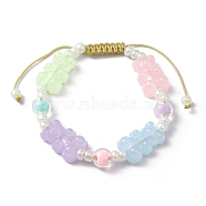 Adjustable Acrylic Bear & Glass Pearl Braided Bead Bracelets, Colorful, Inner Diameter: 1-7/8~2-7/8 inch(4.7~7.4cm)(BJEW-JB10100)