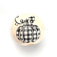 Schima Wood Beads, Round with Pumpkin Plaid Patten, White, 15~16mm, Hole: 4mm(WOOD-TAC0007-44A)