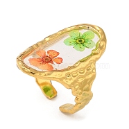 Oval Epoxy Resin with Dry Flower Cuff Rings, Ion Plating(IP) 316 Surgical Stainless Steel Finger Ring, Real 18K Gold Plated, US Size 7 1/4(17.5mm)(RJEW-G304-02G)