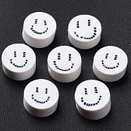 Handmade Polymer Clay Beads, for DIY Jewelry Crafts Supplies, Flat Round with Smiling Face, White, 9x4~5mm, Hole: 1.6mm(CLAY-N008-031H)