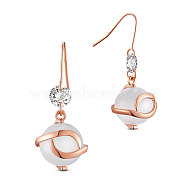 SHEGRACE Brass Dangle Earrings, with Cubic Zirconia and Cat Eye, Round, Rose Gold, 30mm(JE728A)