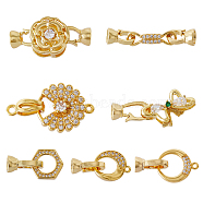 7Pcs 7 Styles Rack Plating Brass Micro Pave Clear Cubic Zirconia Fold Over Clasps, Cadmium Free & Lead Free, Long-Lasting Plated, Flower & Bowknot & Hexagon, Mixed Shapes, Golden, 20~33.5mm, 1pc/style(KK-FH0004-70)