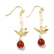 Natural Red Agate & Pearl & Shell Dangle Earrings, with Brass Findingds for Women, Round, Real 14K Gold Plated, 55x18mm(EJEW-M252-07G)