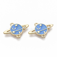 Brass Micro Pave Clear Cubic Zirconia Pendants, with  Enamel, Nickel Free, Planet, Universe Space Charms, Real 18K Gold Plated, Dodger Blue, 14x19.5x2mm, Hole: 1.2mm(KK-R126-046-NF)