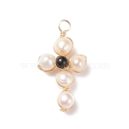 Natural Obsidian & White Freshwater Pearl Pendants, with Real 18K Gold Plated Copper Wire Wrapped, Cross, 31.5x17.5x7mm, Hole: 3.1mm(PALLOY-JF01660-05)