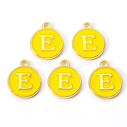 Golden Plated Alloy Enamel Charms, Enamelled Sequins, Flat Round with Letter, Gold, Letter.E, 14x12x2mm, Hole: 1.5mm(ENAM-S118-09E)