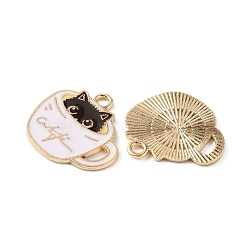 Alloy Enamel Pendants, Coffe with Cat Charms, Light Gold, White, 19x20x1mm, Hole: 2mm(ENAM-CJC0006-72)