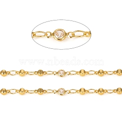 3.28 Feet Brass Handmade Beaded Chains, with Cubic Zirconia Links, Soldered, Long-Lasting Plated, Flat Round & Cube, Clear,Golden, 3.7x8x2mm, 2.5x6mm(X-CHC-I033-07G)