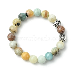 Natural Flower Amazonite Beads Stretch Bracelets, with Alloy Findings, Round and Buddha Head, Burlap Packing, Antique Silver, 2-1/4 inch(5.6cm), Bag: 12x8.5x3cm(BJEW-JB03849-02)