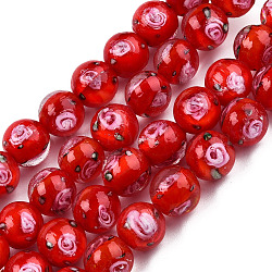 Handmade Lampwork Beads Strands, Round with Flower, Red, 9.5mm, Hole: 1.5mm, about 50pcs/strand, 18.90 inch(48cm)(LAMP-N021-45D)