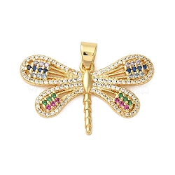 Rack Plating Brass Micro Pave Cubic Zirconia Pendants, Cadmium Free & Lead Free, Long-Lasting Plated, Dragonfly, Real 18K Gold Plated, 20.5x33x2.5mm, Hole: 5.5x4mm(KK-P279-14G)