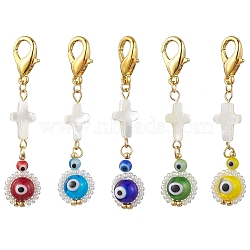Lampwork & Glass Seed Bead Pendant Decorations, with Shell Cross, Cross wiht Evil Eye, Mixed Color, 55mm(HJEW-MZ00041)