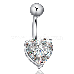 Platinum Plated Body Jewelry Heart Cubic Zirconia Brass Navel Ring Navel Ring Belly Rings, with 304 Stainless Steel Bar, Clear, 25x10mm, Bar Length: 3/8"(10mm), Bar: 14 Gauge(1.6mm)(AJEW-EE0001-01B)