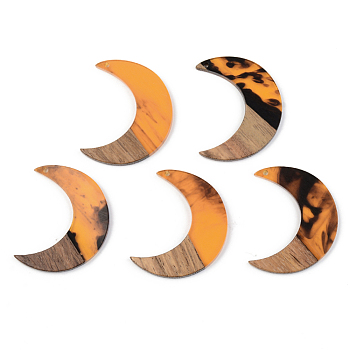 Resin & Walnut Wood Pendants, Moon, Orange, 38x30x3mm, Hole: 2mm