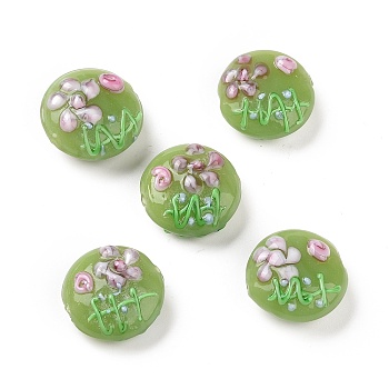 Handmade Bumpy Lampwork Beads Strands, Flat Round with Flower, Yellow Green, 17~20.5x10~14mm, Hole: 1.4mm