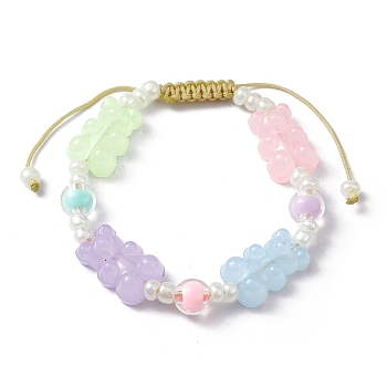 Adjustable Acrylic Bear & Glass Pearl Braided Bead Bracelets, Colorful, Inner Diameter: 1-7/8~2-7/8 inch(4.7~7.4cm)