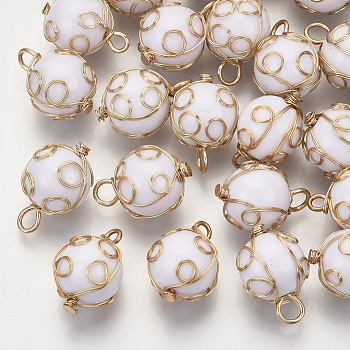 Wire Wrapped Acrylic Pendants, with Light Gold Plated Brass Wire, Round, Creamy White, 17~19x12~13x12~13mm, Hole: 2~3mm