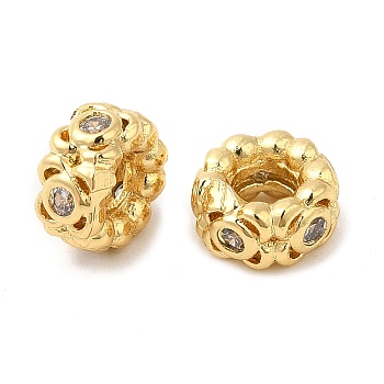 Rack Plating Brass Cubic Zirconia Beads, Long-Lasting Plated, Rondelle with Flower, Golden, 6.5x3.5mm, Hole: 2.5mm