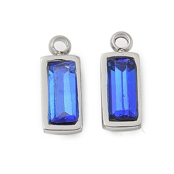 304 Stainless Steel Charm, with Glass, Rectangle, Royal Blue, 11x4.5x3.5mm, Hole: 1.4mm